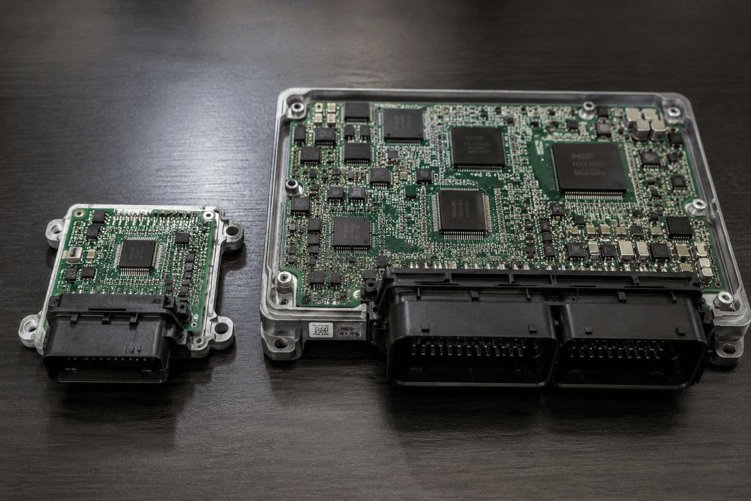 Automotive ECU modules on dark wood