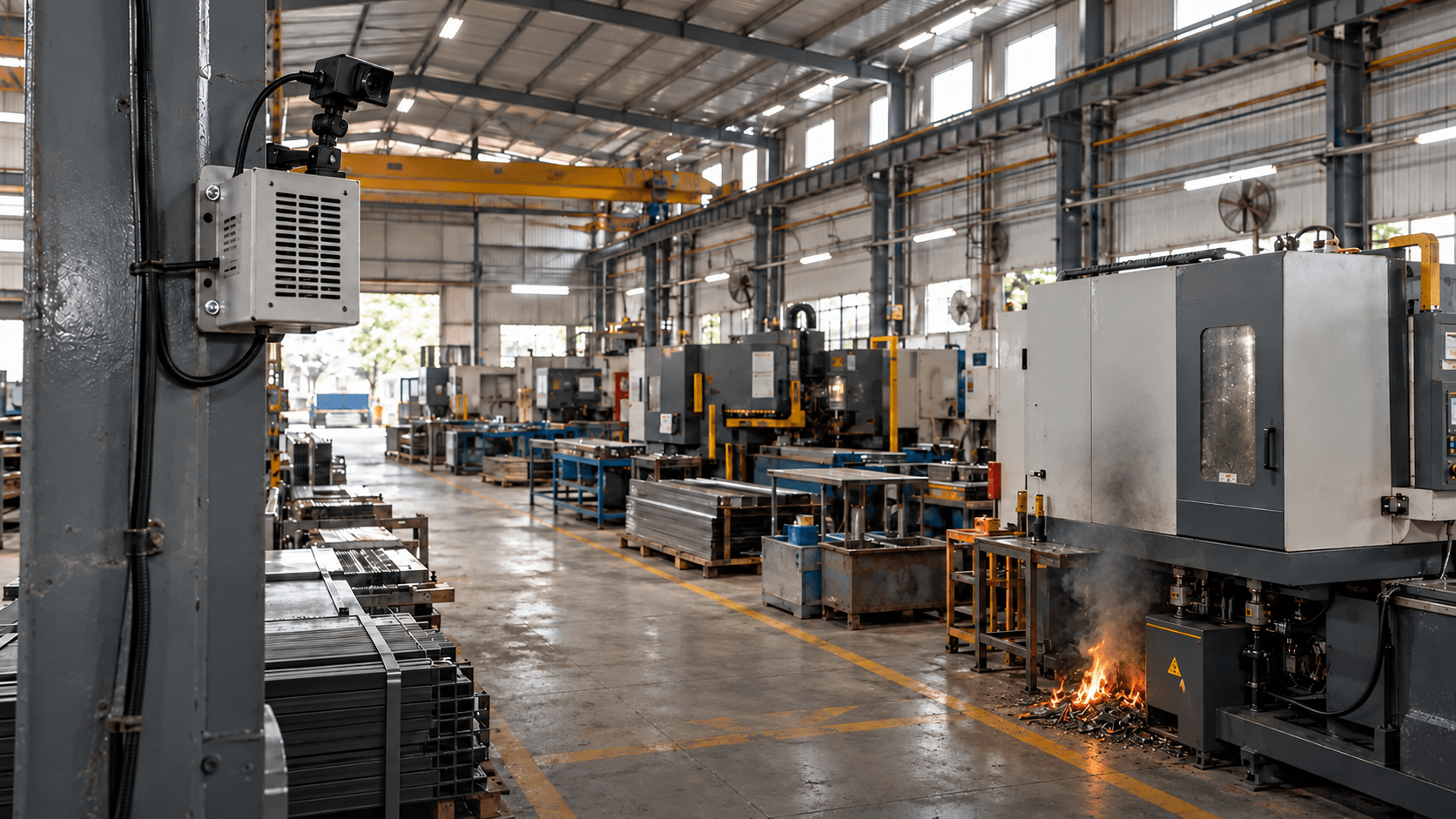 Factory fire scenario regenerated for illustration. AI-generated image, not recorded incident or detector evidence.